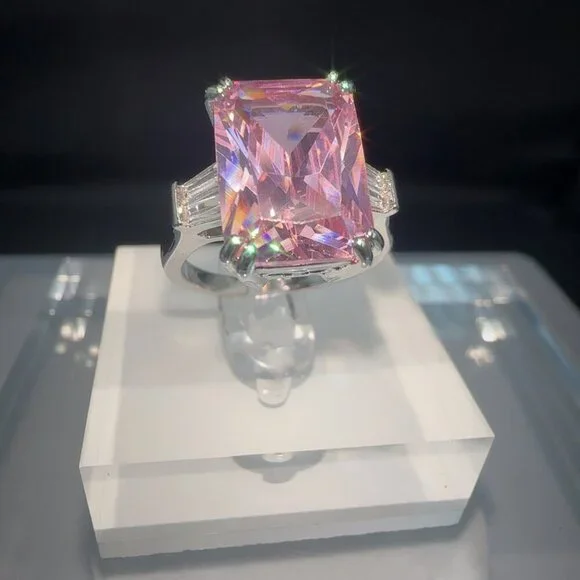 Pink Cubic Zirconia Emerald Cut Silver Ring Size 9 - Picture 1 of 12